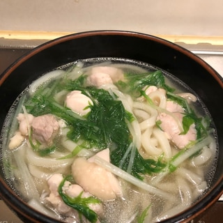 楽チンで旨い♪魚介スープの鶏肉と水菜のうどん^_^
